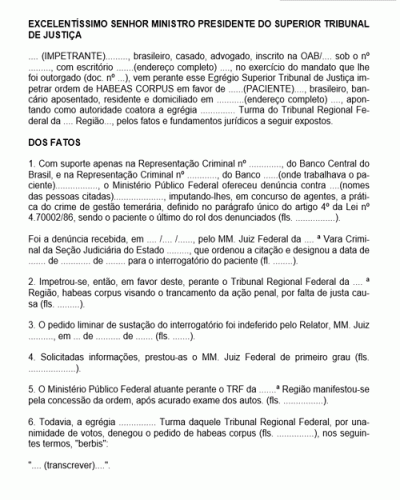 Modelo de Habeas Corpus contra Investigação de Suposto Crime de Gestão Temerária de Instituição Financeira