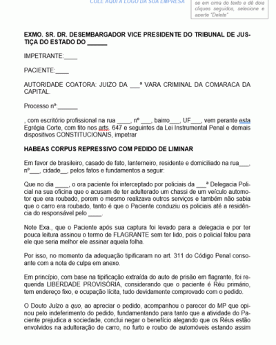 Modelo de Habeas Corpus depois do Indeferimento da Liberdade Provisória