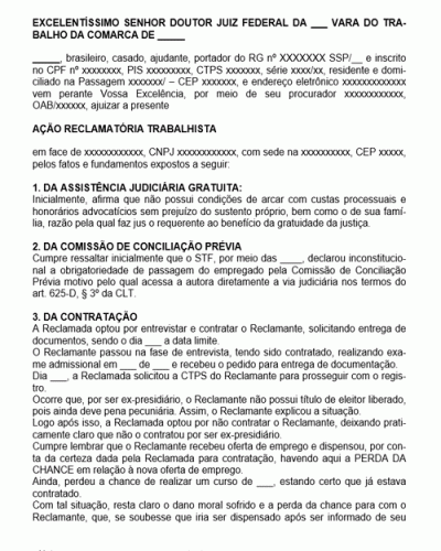 Modelo de Reclamação Trabalhista Dano Moral e Perda da Chance Promessa de Emprego não Cumprida