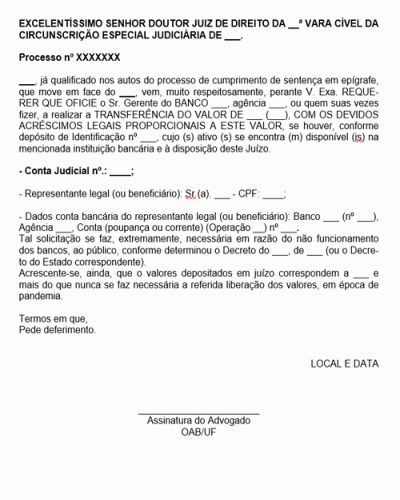 Modelo de Pedido para Oficiar Gerente do Banco para Transferir Deposito Judicial