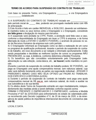 Modelo de Termo de Suspensão do Contrato de Trabalho