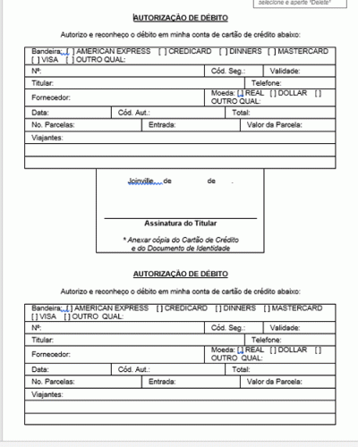 Modelo de Autorização de Débito no Cartão de Crédito