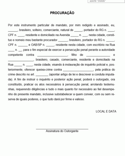 Modelo de Procuração Poderes Especiais para Representação Penal