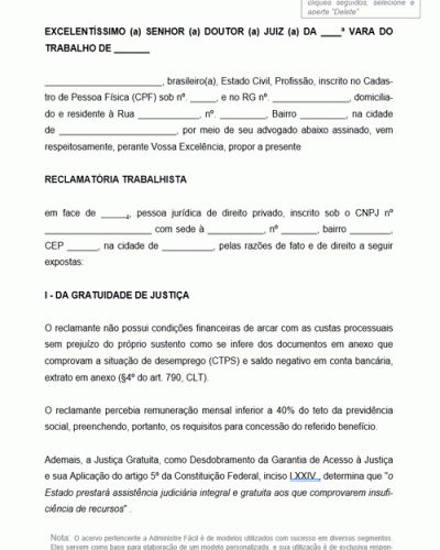 Modelo de Petição Reclamação Trabalhista – Diferenças De Verbas Rescisórias – Dano Moral - Ausência de FGTS