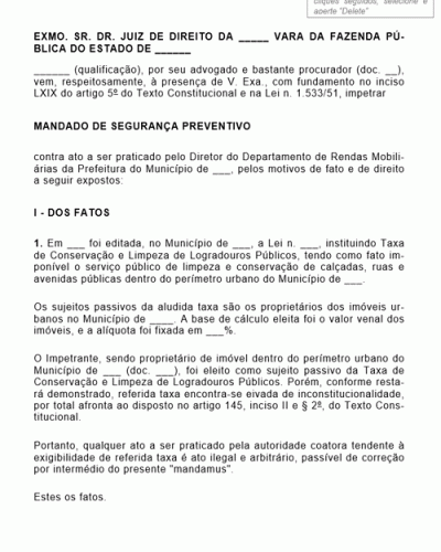 Modelo de Petição Mandado de Segurança Preventivo - Inconstitucionalidade Taxa