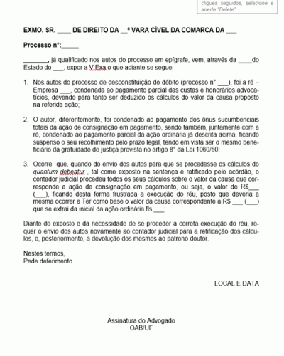 Modelo de Petição Intermediária Valor da Causa Execução Retorno ao Contador