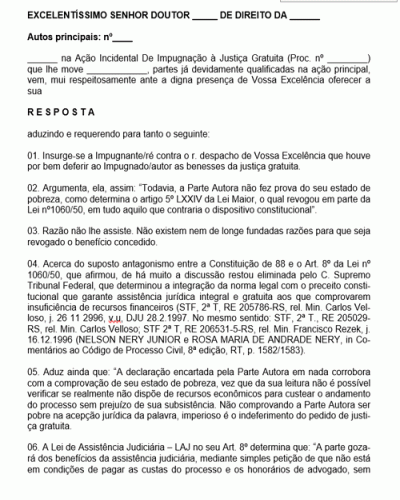 Modelo de Petição Intermediária Resposta em Ação Incidental de Impugnação à Justiça Gratuita