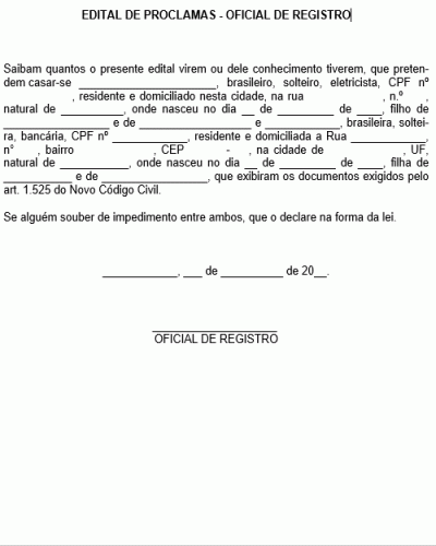 Modelo de Edital de Proclamas para Casamento - Oficial de Registro