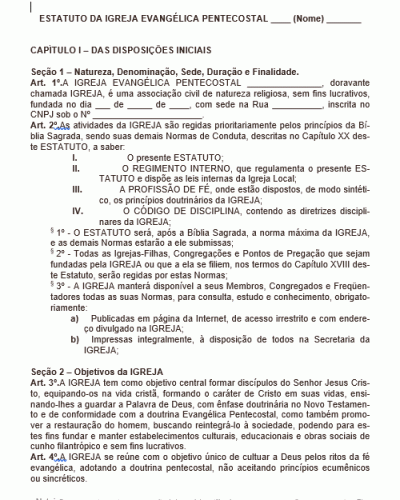 Modelo de Estatuto de Igreja Evangélica Pentecostal - Completo com 35 páginas