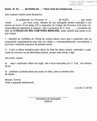 Modelo de Petição Petição Intermediária Pedido de Citação com Hora Marcada