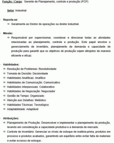 Modelo de Descrição de Cargo de Gerente de Planejamento controle e produção PCP