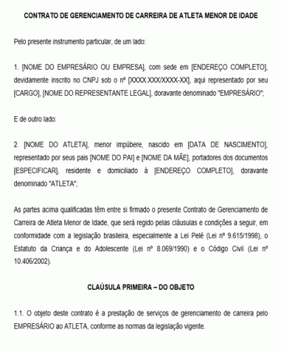 Modelo de Contrato de Gerenciamento de Carreira de Atleta Menor de idade