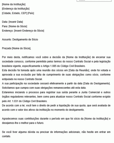 Modelo de Carta Comunicado de desligamento de sócio feito pela Instituição