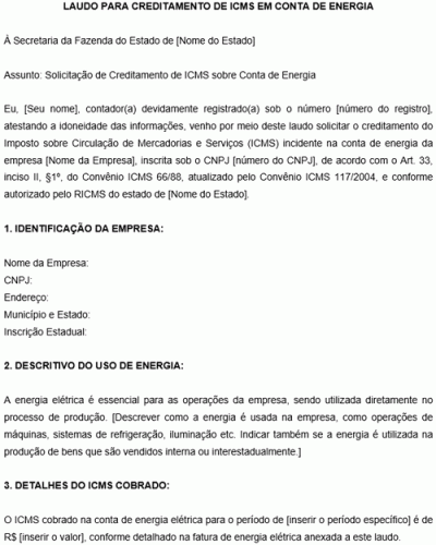 Modelo de Laudo para creditar ICMS de conta de energia