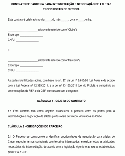 Modelo de contrato de parceria para intermediação e negociação de atletas profissionais de futebol