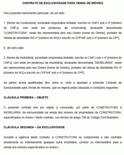 Modelo de Contrato de exclusividade para venda de imóvel entre Construtora e Imobiliária