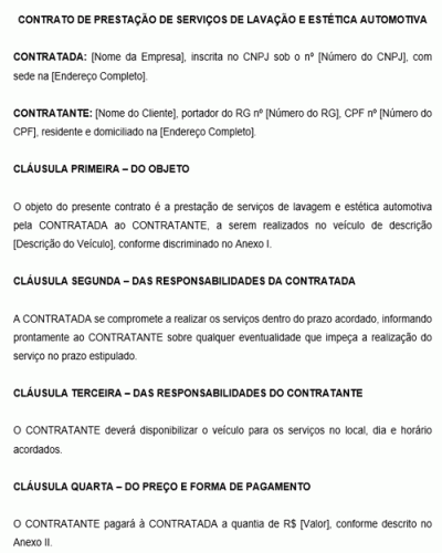 Modelo de Contrato de Prestação de Serviço de Lavação e Estética Automotiva