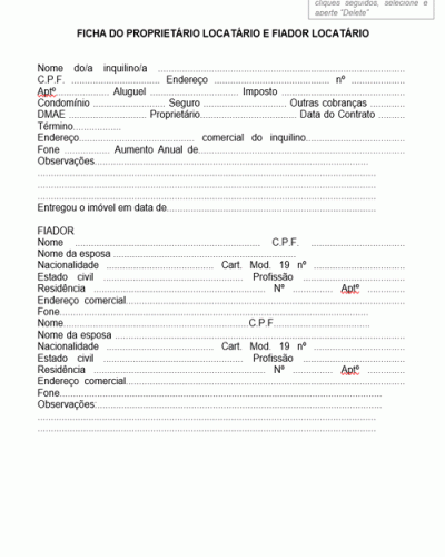 Modelo de Ficha do Proprietário Locatário e Fiador