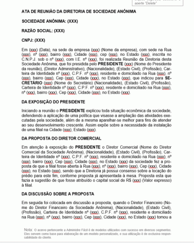 Modelo de Ata de Assembleia Geral Extraordinária de Sociedade Anônima