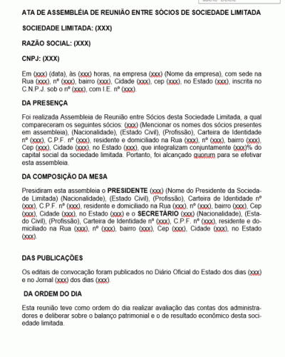 Modelo de Ata de Assembleia entre Sócios de Sociedade Limitada