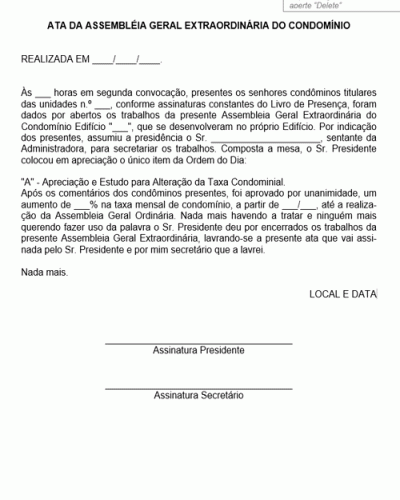 Modelo de Ata de Assembleia Geral Extraordinária de Condomínio Segunda Convocação