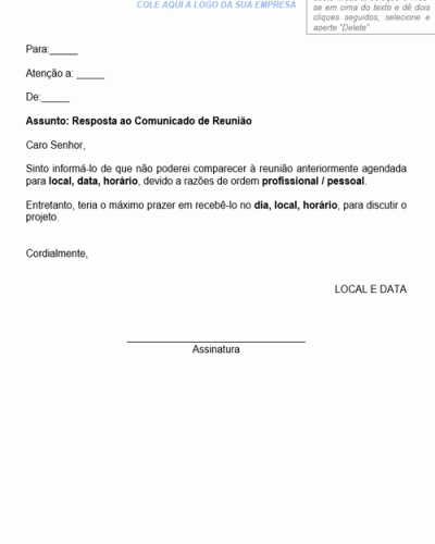 Modelo de Aviso de Resposta ao Comunicado de Reunião