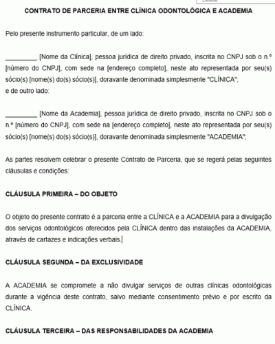 Modelo de Contrato de Parceria entre Clínica Odontológica e Academia