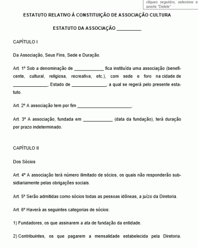 Modelo de Estatuto Relativo à Constituição de Associação Cultural