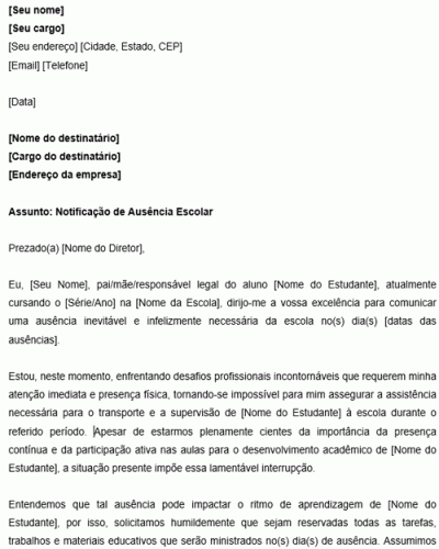 Modelo de Carta Comunicado de Justificativa de Ausência Escolar por motivos Profissionais