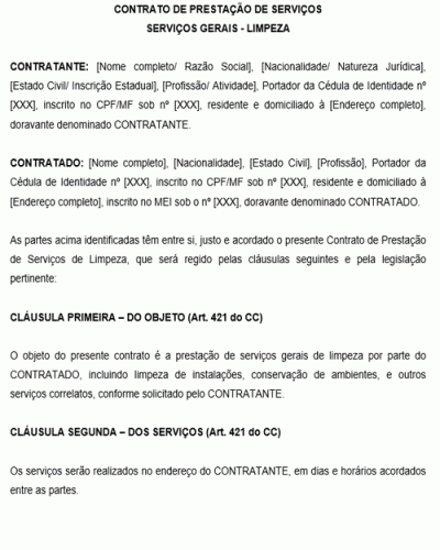 Modelo de Contrato de Prestação de Serviço MEI Microempreendedor Individual de Serviços Gerais Limpeza