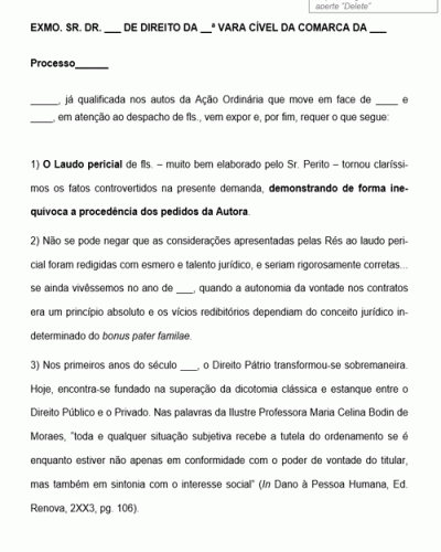 Modelo de Petição Intermediária sobre Laudo Pericial Veículo