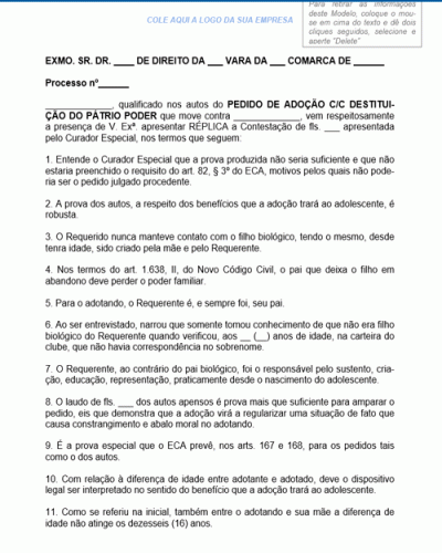 Modelo de Petição Intermediária Adoção Réplica Perda poder Familiar