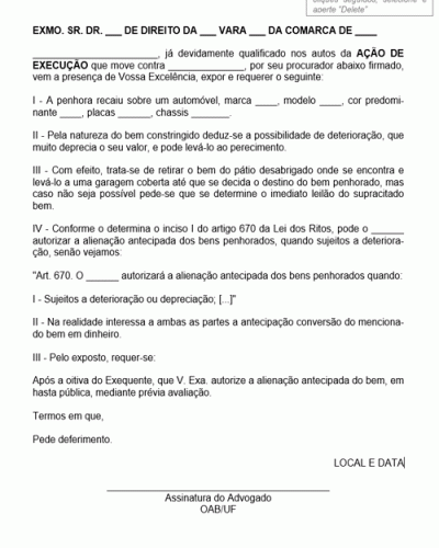 Modelo de Petição Intermediária Alienação Antecipada de Bem