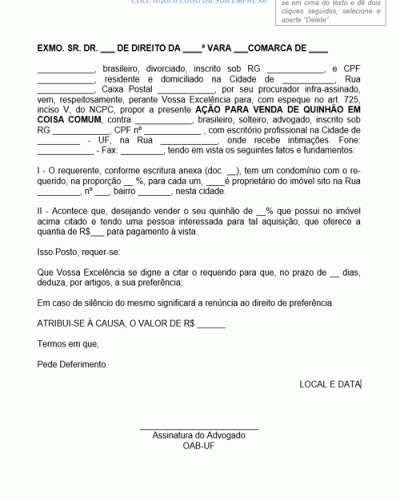 Modelo de Petição Intermediária Alienação de Imóvel que não Admite Divisão Cômoda