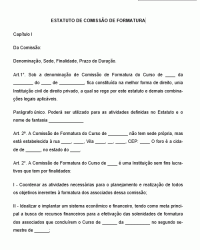 Modelo de Estatuto de Comissão de Formatura com Finalidade de Planejar e Realizar o Evento