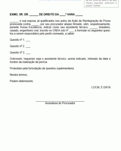 Modelo de Petição Intermediária Apresentação de Quesitos e Indicação de Assistente Técnico