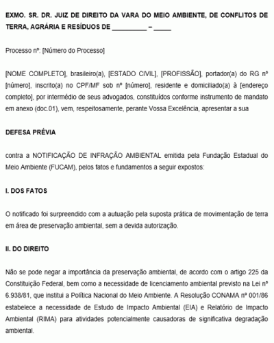 Modelo de Defesa Prévia contra Notificação de Infração Ambiental