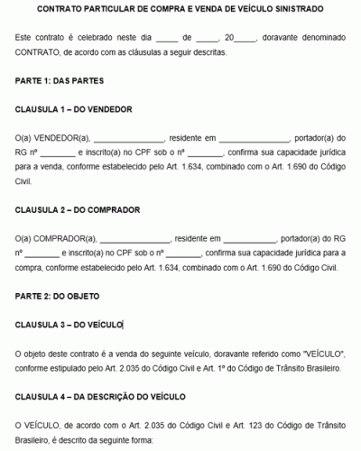 Modelo de contrato particular de compra e venda de veículo sinistrado