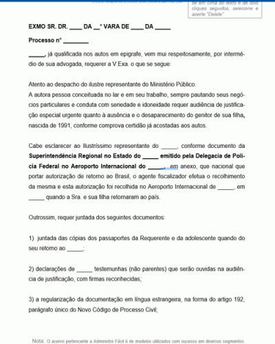 Modelo de Petição Intermediária Audiência de Justificação Viagem