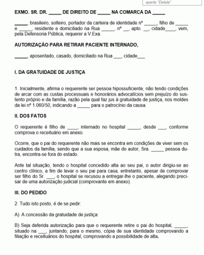 Modelo de Petição Intermediária Autorização para Retirar Paciente de Hospital