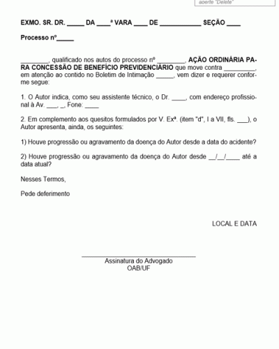 Modelo de Petição Intermediária Complementação de Quesitos e Indicação de Assistente Técnico