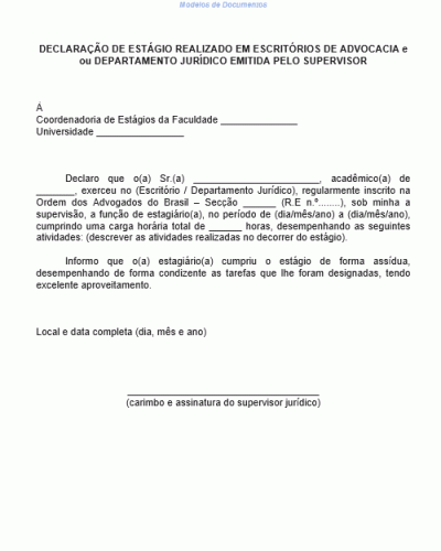 Modelo de Declaração de Estágio Realizado - Carga Horária - Advogacia ou Departamento Jurídico