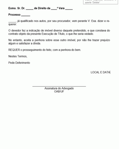 Modelo de Petição Intermediária Concordância do Credor com Indicação de Bem Diverso do Previsto no Contrato