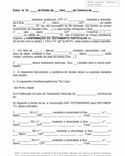 Modelo de Petição Intermediária Confirmação do Testamento Particular