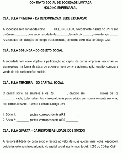 Modelo de Contrato de Holding Empresarial no formato de Sociedade Limitada LTDA