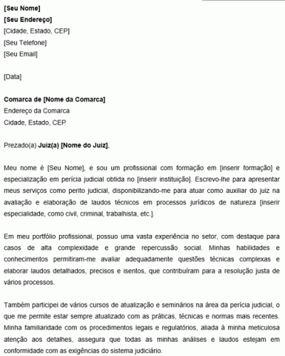 Modelo de Carta de Apresentação para Perito Judicial