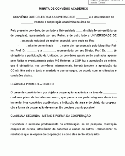 Modelo de Minuta de Convênio Acadêmico de Aplicação Genérica a Cursos e/ou  Intercâmbios de Alunos e Docentes da Universidade