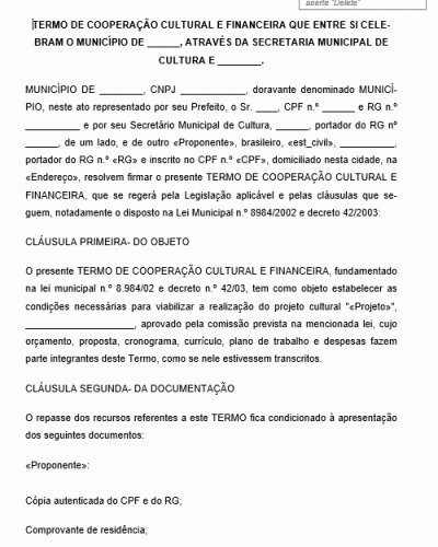 Modelo de Termo de Cooperação para Viabilização e Realização de Projeto Cultural