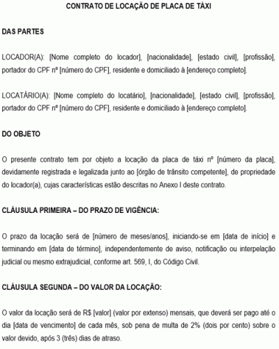 Modelo de Contrato de Locação de Placa de Taxi