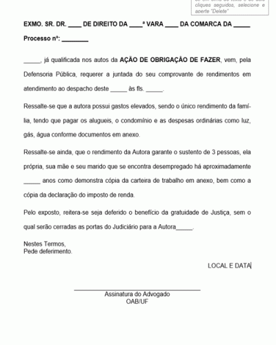 Modelo de Petição Intermediária Justificativa Gratuidade